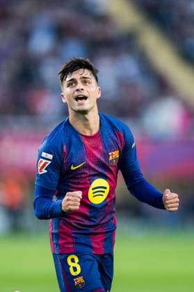 Spanish LaLiga EA Sports FC Barcelona, Barca v Girona FC in Barcelona, Spain. FC Barcelona player (8) Pedri celebrates his score during LaLiga EA Sports match between FC Barcelona and Girona FC in Estadi Olimpic Lluis Companys, Barcelona, Spain, on October 18, 2025. Barcelona Estadi Olimpic Lluis Companys Barcelona Spain