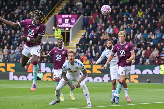 18th October 2025; Turf Moor, Burnley, Lancashire, England; Premier League Football, Burnley versus Leeds United; Lesley Ugochukwu of Burnley heads and scores in the 18th minute for 1-0  LeexDurkin
