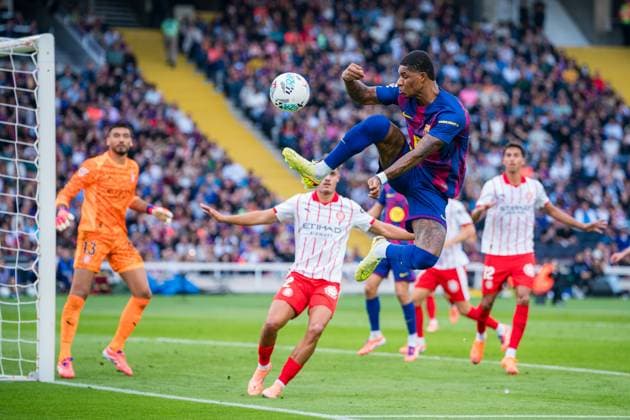 Spanish LaLiga EA Sports FC Barcelona, Barca v Girona FC in Barcelona, Spain. FC Barcelona player (14) Marcus Rashford gets a chance to score during LaLiga EA Sports match between FC Barcelona and Girona FC in Estadi Olimpic Lluis Companys, Barcelona, Spain, on October 18, 2025. Barcelona Estadi Olimpic Lluis Companys Barcelona Spain
