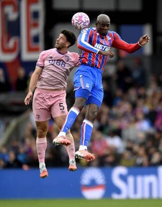 Jean-Philippe Mateta of Crystal Palace in action with Marcos Senesi of AFC Bournemouth Crystal Palace v AFC Bournemouth, Premier League, Football, Selhurst Park, London, UK - 18 Oct 2025London Selhurst Park United Kingdom EDITORIAL USE ONLY No use with unauthorised audio, video, data, fixture lists, club league logos or live services. Online in-match use limited to 120 images, no video emulation. No use in betting, games or single club league player publications. Copyright: xAlanxWalter Shutterstockx 15544975as