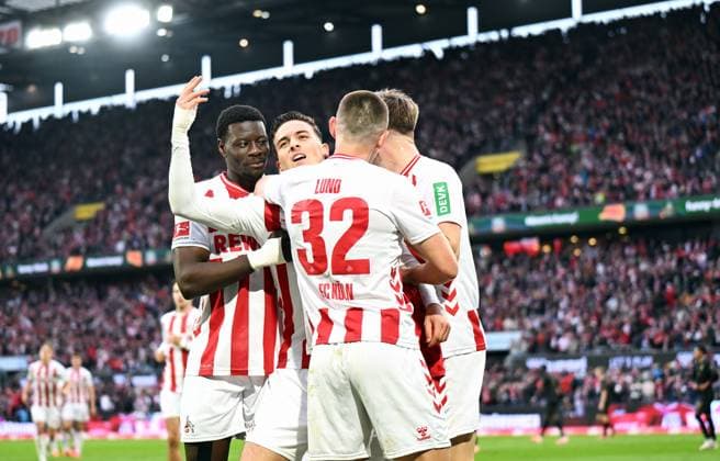 Fussball, Bundesliga, Deutschland, Herren, Saison 2025 2026, 7. Spieltag, Rhein Energie Stadion Köln, 1. FC Köln - FC Augsburg; Jubel Said El Mala (KOE) nach seinem Tor zum 1:1. Jubel, Freude, Aktion.