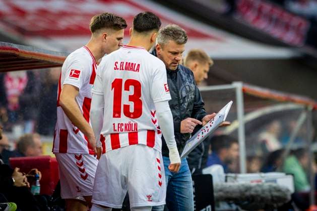 Cologne, Germany. 18th Oct 2025. . Marius Bülter (Köln) Said El Mala (Köln) Trainer Lukas Kwasniok (Köln) 1. FC Köln - FC Augsburg 18.10.2025