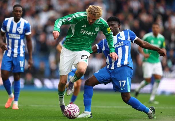 Brighton and Hove, England, 18th October 2025. Nick Woltemade of Newcastle United and Carlos Baleba of Brighton and Hove Albion challenge for the ball during the Brighton and Hove Albion vs Newcastle United Premier League match at the AMEX Stadium, Brighton and Hove. Picture credit should read: Paul Terry Sportimage EDITORIAL USE ONLY. No use with unauthorised audio, video, data, fixture lists, club league logos or live services. Online in-match use limited to 120 images, no video emulation. No use in betting, games or single club league player publications. SPI_024_PT_Brighton_Newcastle SPI-4218-0024