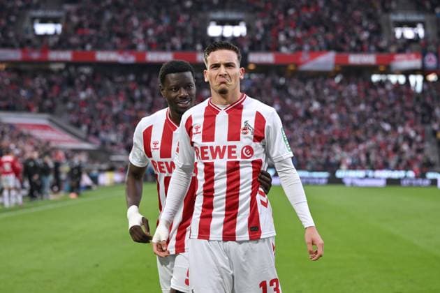 Jubel Said El Mala (1. FC Koeln), Ragnar Ache (1.FC Koeln), v.re. 18.10.2025, Fussball 1. Bundesliga, Saison 2025 2026, 7. Spieltag, 1. FC Köln - FC Augsburg DFL regulations prohibit any use of photographs as image sequences and or quasi-video Koeln RheinEnergieStadion Nordrhein Westfalen Deutschland