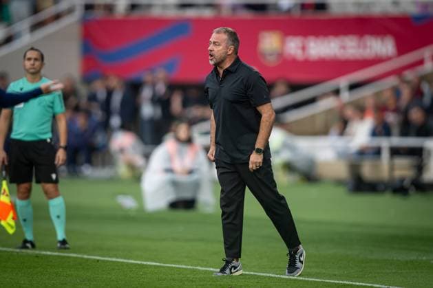 Head Coach Hansi Flick FC Barcelona, Barca look dejected during a La Liga EA Sports match between FC Barcelona and Girona FC at Estadi Olimpic Lluis Companys in Barcelona, , Spain, on October 18 2025. Photo by Felipe Mondino Copyright: x@FELIPExMONDINOx