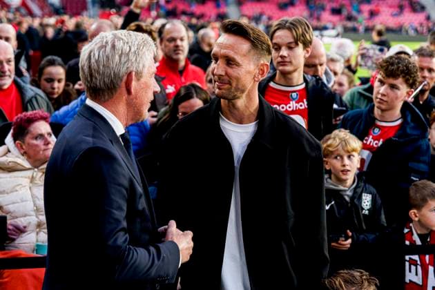Luuk de Jong receives a tile on the Walk of Fame at PSV Eindhoven, presented by General Manager Marcel Brands of PSV Eindhoven. PSV Eindhoven v Go Ahead Eagles, Eredivisie, PSV v Go Ahead Eagles, Philips Stadion, October 18, 2025, Eindhoven, Netherlands.