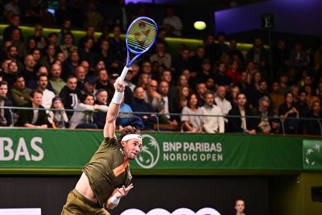 Norway s Casper Ruud against Canada s Denis Shapovalov in the semifinals of the BNP Paribas Nordic Open tennis tournament at the Royal Swedish Tennis Hall in Stockholm, Sweden, Saturday, Oct. 18, 2025. STOCKHOLM SWEDEN x10658x