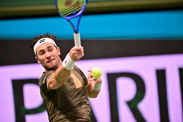 Norway s Casper Ruud against Canada s Denis Shapovalov in the semifinals of the BNP Paribas Nordic Open tennis tournament at the Royal Swedish Tennis Hall in Stockholm, Sweden, Saturday, Oct. 18, 2025. STOCKHOLM SWEDEN x10658x