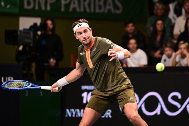 Norway s Casper Ruud against Canada s Denis Shapovalov in the semifinals of the BNP Paribas Nordic Open tennis tournament at the Royal Swedish Tennis Hall in Stockholm, Sweden, Saturday, Oct. 18, 2025. STOCKHOLM SWEDEN x10658x