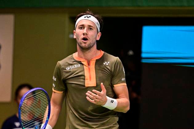Norway s Casper Ruud against Canada s Denis Shapovalov in the semifinals of the BNP Paribas Nordic Open tennis tournament at the Royal Swedish Tennis Hall in Stockholm, Sweden, Saturday, Oct. 18, 2025. STOCKHOLM SWEDEN x10658x