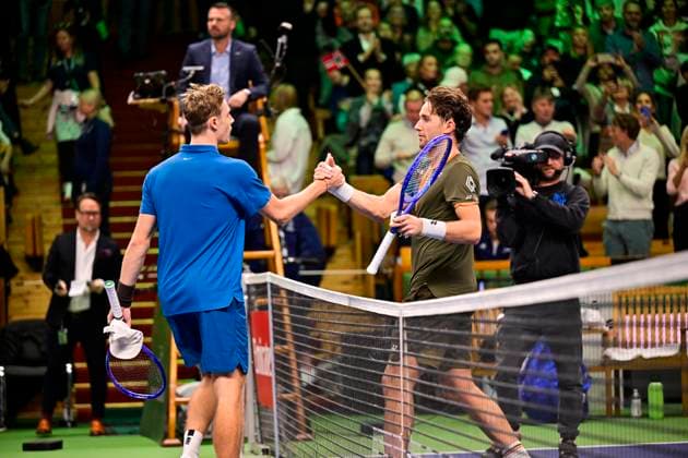 Norway s Casper Ruud against Canada s Denis Shapovalov in the semifinals of the BNP Paribas Nordic Open tennis tournament at the Royal Swedish Tennis Hall in Stockholm, Sweden, Saturday, Oct. 18, 2025. STOCKHOLM SWEDEN x10658x