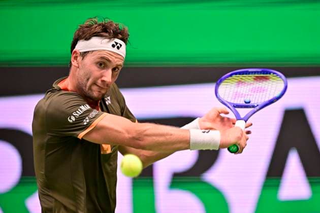 STOCKHOLM, SWEDEN 20251018 Norway s Casper Ruud against Canada s Denis Shapovalov in the semifinals of the BNP Paribas Nordic Open tennis tournament at the Royal Swedish Tennis Hall in Stockholm, Sweden, Saturday, Oct. 18, 2025. STOCKHOLM SWEDEN x10658x