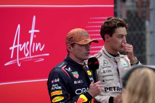 FORMULA 1 MSC CRUISES UNITED STATES GRAND PRIX 2025 18.10.2025, Circuit of The Americas, Austin, FORMULA 1 MSC CRUISES UNITED STATES GRAND PRIX 2025 , im Bild Sieger des Sprintrennens Max Verstappen (NLD), Oracle Red Bull Racing, 2.Platz für George Russell (GBR), Mercedes-AMG Petronas Formula One Team