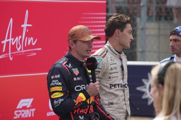 FORMULA 1 MSC CRUISES UNITED STATES GRAND PRIX 2025 18.10.2025, Circuit of The Americas, Austin, FORMULA 1 MSC CRUISES UNITED STATES GRAND PRIX 2025 , im Bild Sieger des Sprintrennens Max Verstappen (NLD), Oracle Red Bull Racing, 2.Platz für George Russell (GBR), Mercedes-AMG Petronas Formula One Team, 3.Platz für Carlos Sainz Jr. (ESP), Atlassian Williams Racing
