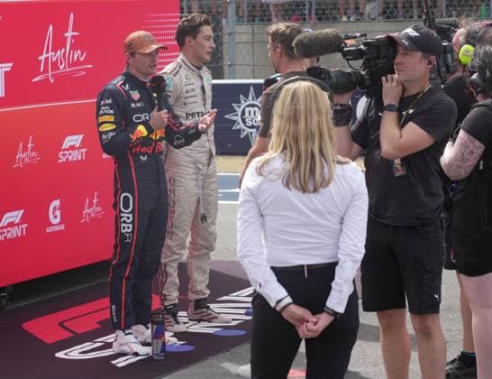 FORMULA 1 MSC CRUISES UNITED STATES GRAND PRIX 2025 18.10.2025, Circuit of The Americas, Austin, FORMULA 1 MSC CRUISES UNITED STATES GRAND PRIX 2025 , im Bild Sieger des Sprintrennens Max Verstappen (NLD), Oracle Red Bull Racing, 2.Platz für George Russell (GBR), Mercedes-AMG Petronas Formula One Team, 3.Platz für Carlos Sainz Jr. (ESP), Atlassian Williams Racing