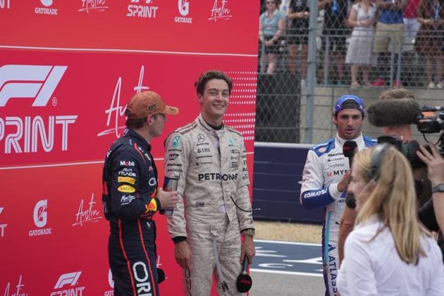 FORMULA 1 MSC CRUISES UNITED STATES GRAND PRIX 2025 18.10.2025, Circuit of The Americas, Austin, FORMULA 1 MSC CRUISES UNITED STATES GRAND PRIX 2025 , im Bild Sieger des Sprintrennens Max Verstappen (NLD), Oracle Red Bull Racing, 2.Platz für George Russell (GBR), Mercedes-AMG Petronas Formula One Team, 3.Platz für Carlos Sainz Jr. (ESP), Atlassian Williams Racing