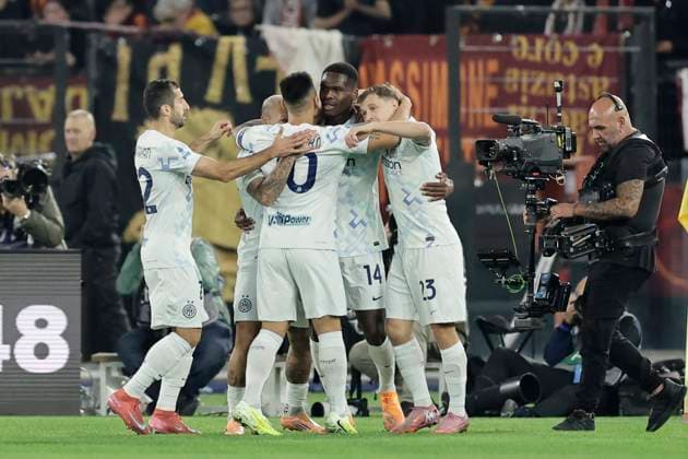 Serie a football match AS Roma vs Inter Inter™s French forward Ange-Yoan Bonny celebrates after scoring a goal during the Serie A football match between AS Roma vs Inter at the Olimpico Stadium in Rome, Italy on October 18, 2025. _BPH6424 Copyright: xAntonioxBalascox