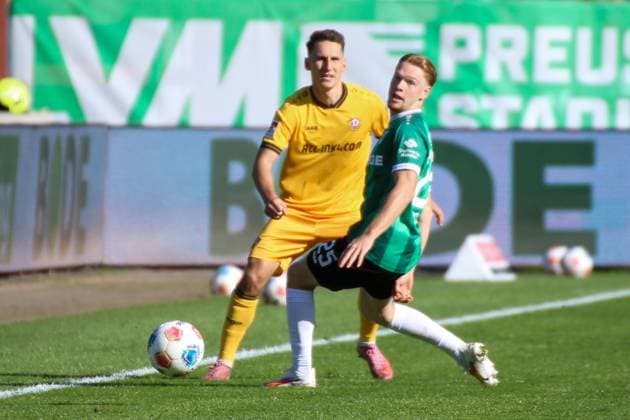 18.10.2025, xgrfx, Fussball 2.Bundesliga, Preußen Münster - Dynamo Dresden v.l. Konrad Faber (Dynamo Dresden), Luca Bolay (Preußen Münster) (DFL DFB REGULATIONS PROHIBIT ANY USE OF PHOTOGRAPHS as IMAGE SEQUENCES and or QUASI-VIDEO) Münster