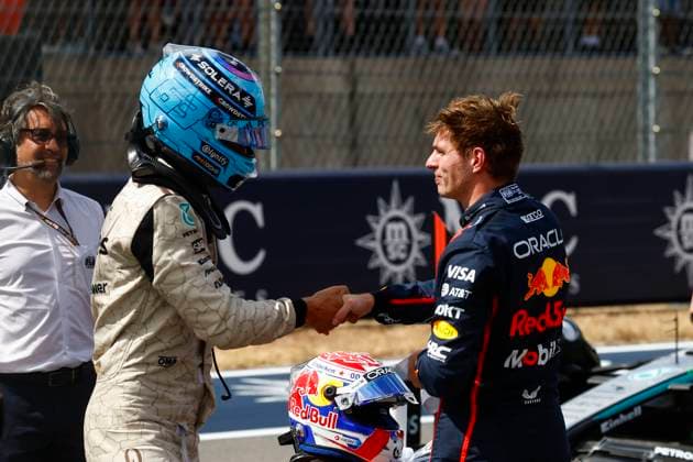 F1 GP of Amerika, Austin, No. 63 George Russel (GBR), Mercedes-AMG PETRONAS Formula One Team, Mercedes-AMG F1 W16 E Performance, No. 1 Max Verstappen (NED), Red Bull Racing RB21, Honda Austin USA