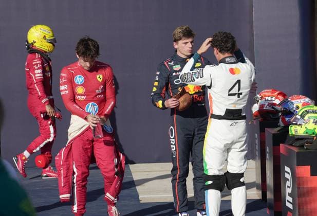 FORMULA 1 MSC CRUISES UNITED STATES GRAND PRIX 2025 18.10.2025, Circuit of The Americas, Austin, FORMULA 1 MSC CRUISES UNITED STATES GRAND PRIX 2025 , im Bild Poleposition für Max Verstappen (NLD), Oracle Red Bull Racing, 2.Startplatz für Lando Norris (GBR), McLaren F1 Team, 3.Startplatz für das morgige Rennen für Charles Leclerc (MCO), Scuderia Ferrari HP