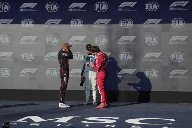 FORMULA 1 MSC CRUISES UNITED STATES GRAND PRIX 2025 18.10.2025, Circuit of The Americas, Austin, FORMULA 1 MSC CRUISES UNITED STATES GRAND PRIX 2025 , im Bild Poleposition für Max Verstappen (NLD), Oracle Red Bull Racing, 2.Startplatz für Lando Norris (GBR), McLaren F1 Team, 3.Startplatz für das morgige Rennen für Charles Leclerc (MCO), Scuderia Ferrari HP