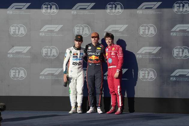 FORMULA 1 MSC CRUISES UNITED STATES GRAND PRIX 2025 18.10.2025, Circuit of The Americas, Austin, FORMULA 1 MSC CRUISES UNITED STATES GRAND PRIX 2025 , im Bild Poleposition für Max Verstappen (NLD), Oracle Red Bull Racing, 2.Startplatz für Lando Norris (GBR), McLaren F1 Team, 3.Startplatz für das morgige Rennen für Charles Leclerc (MCO), Scuderia Ferrari HP