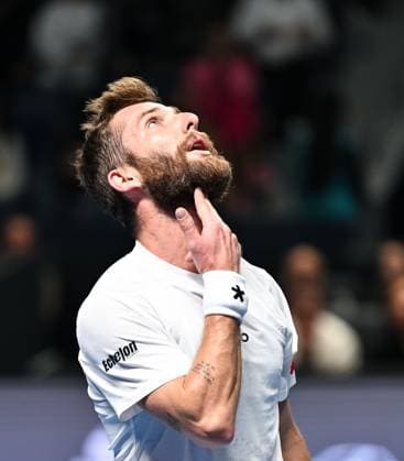 (251019) -- ALMATY, Oct. 19, 2025 -- Corentin Moutet of France reacts during the men s singles semifinal match against Alex Michelsen of the United States at the ATP, Tennis Herren 250 Almaty Tennis Open in Almaty, Kazakhstan, on Oct. 18, 2025. ) (SP)KAZAKHSTAN-ALMATY-TENNIS-ALMATY OPEN-SEMIFINAL LixRenzi 