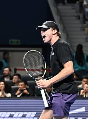(251019) -- ALMATY, Oct. 19, 2025 -- Alex Michelsen of the United States celebrates scoring during the men s singles semifinal match against Corentin Moutet of France at the ATP, Tennis Herren 250 Almaty Tennis Open in Almaty, Kazakhstan, on Oct. 18, 2025. ) (SP)KAZAKHSTAN-ALMATY-TENNIS-ALMATY OPEN-SEMIFINAL LixRenzi 