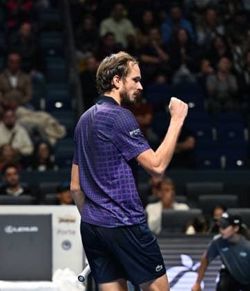 (251019) -- ALMATY, Oct. 19, 2025 -- Daniil Medvedev of Russia celebrates scoring during the men s singles semifinal match against James Duckworth of Australia at the ATP250 Almaty Tennis Open in Almaty, Kazakhstan, on Oct. 18, 2025. ) (SP)KAZAKHSTAN-ALMATY-TENNIS-ALMATY OPEN-SEMIFINAL LixRenzi 