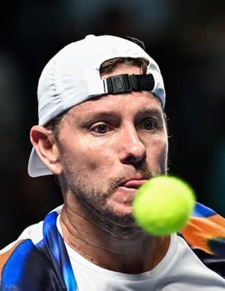 (251019) -- ALMATY, Oct. 19, 2025 -- James Duckworth of Australia competes during the men s singles semifinal match against Daniil Medvedev of Russia at the ATP250 Almaty Tennis Open in Almaty, Kazakhstan, on Oct. 18, 2025. ) (SP)KAZAKHSTAN-ALMATY-TENNIS-ALMATY OPEN-SEMIFINAL LixRenzi 