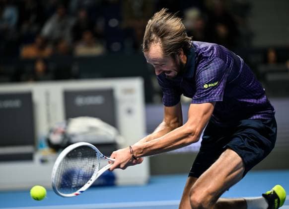 (251019) -- ALMATY, Oct. 19, 2025 -- Daniil Medvedev of Russia hits a return during the men s singles semifinal match against James Duckworth of Australia at the ATP250 Almaty Tennis Open in Almaty, Kazakhstan, on Oct. 18, 2025. ) (SP)KAZAKHSTAN-ALMATY-TENNIS-ALMATY OPEN-SEMIFINAL LixRenzi 
