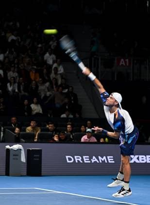 (251019) -- ALMATY, Oct. 19, 2025 -- James Duckworth of Australia serves during the men s singles semifinal match against Daniil Medvedev of Russia at the ATP250 Almaty Tennis Open in Almaty, Kazakhstan, on Oct. 18, 2025. ) (SP)KAZAKHSTAN-ALMATY-TENNIS-ALMATY OPEN-SEMIFINAL LixRenzi 