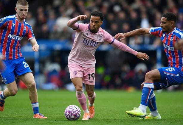 Justin Kluivert of AFC Bournemouth in action with Adam Wharton and Maxence Lacroix of Crystal Palace Crystal Palace v AFC Bournemouth, Premier League, Football, Selhurst Park, London, UK - 18 Oct 2025London Selhurst Park United Kingdom EDITORIAL USE ONLY No use with unauthorised audio, video, data, fixture lists, club league logos or live services. Online in-match use limited to 120 images, no video emulation. No use in betting, games or single club league player publications. Copyright: xAlanxWalter Shutterstockx 15544975es