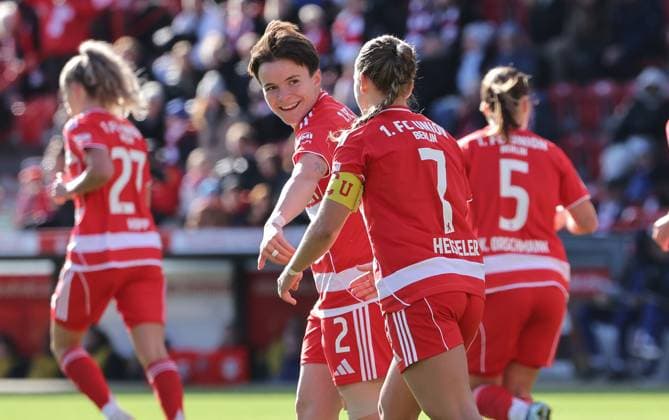 3.v.l. Lisa Heiseler jubelt nach 1:0 Freude Emotion Jubel Fußball Fussball Damen Frauen Bundesliga 7. Spieltag Saison 2025 2026 19.10.2025 1.FC Union Berlin vs. RB Leipzig RBL DFL regulations prohibit any use of photographs as image sequences and or quasi-video