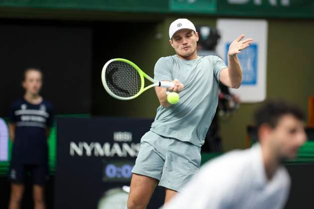 STOCKHOLM, SVERIGE 20251019 USAs Vasil Kirkov och Nederländernas Bart Stevens möter Österrikes Alexander Erler och USAs Robert Galloway under finalen i dubbel under tennisturneringen BNP Paribas Nordic Open i Kungliga tennishallen. STOCKHOLM SVERIGE x62260x