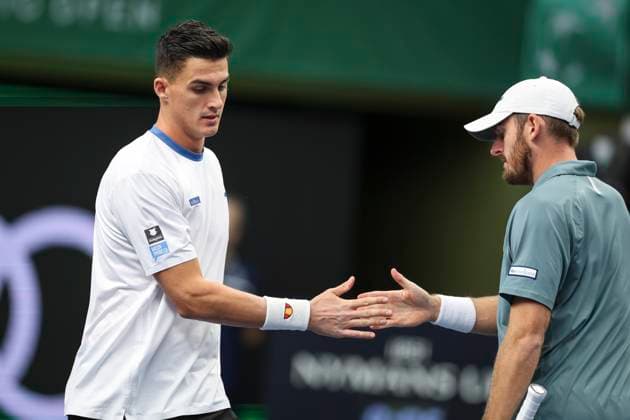STOCKHOLM, SVERIGE 20251019 Österrikes Alexander Erler och USAs Robert Galloway möter USAs Vasil Kirkov och Nederländernas Bart Stevens under finalen i dubbel under tennisturneringen BNP Paribas Nordic Open i Kungliga tennishallen. STOCKHOLM SVERIGE x62260x