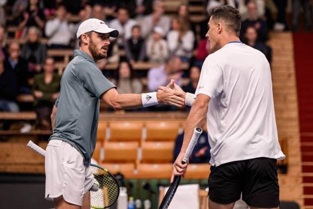 251019 Robert Galloway of USA and Alexander Erler of Austria celebrate as they compete in the men s doubles final on day 9 of the ATP, Tennis Herren 250 Nordic Open on October 19, 2025 in Stockholm. Photo: Jesper Zerman BILDBYRAN kod JZ JZ0631 tennis nordic open nordic open 2025 bbeng final dubbel jubel Copyright: JESPERxZERMAN BB251019JZ008