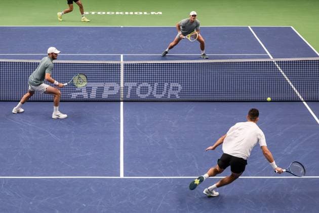 251019 Bart Stevens of Netherlands against Robert Galloway of USA and Alexander Erler of Austria as they compete in the men s doubles final on day 9 of the ATP, Tennis Herren 250 Nordic Open on October 19, 2025 in Stockholm. Photo: Jesper Zerman BILDBYRAN kod JZ JZ0631 tennis nordic open nordic open 2025 bbeng final dubbel Copyright: JESPERxZERMAN BB251019JZ011