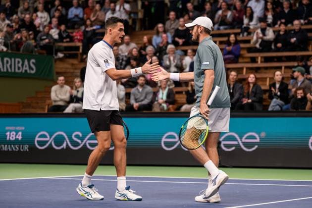 251019 Alexander Erler of Austria and Robert Galloway of USA compete in the men s doubles final on day 9 of the ATP, Tennis Herren 250 Nordic Open on October 19, 2025 in Stockholm. Photo: Jesper Zerman BILDBYRAN kod JZ JZ0631 tennis nordic open nordic open 2025 bbeng final dubbel jubel Copyright: JESPERxZERMAN BB251019JZ016
