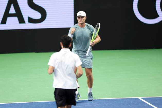 STOCKHOLM, SVERIGE 20251019 USAs Vasil Kirkov och Nederländernas Bart Stevens möter Österrikes Alexander Erler och USAs Robert Galloway under finalen i dubbel under tennisturneringen BNP Paribas Nordic Open i Kungliga tennishallen. STOCKHOLM SVERIGE x62260x