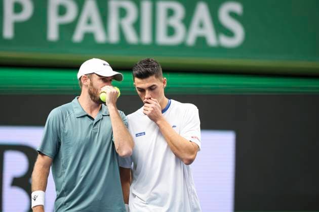 Austria s Alexander Erler and USA s Robert Galloway against USA s Vasil Kirkov and Netherlands Bart Stevens during the doubles final of the BNP Paribas Nordic Open tennis tournament at the Royal Swedish Tennis Hall in Stockholm, Sweden, Saturday, Oct. 19, 2025. STOCKHOLM SWEDEN x62260x
