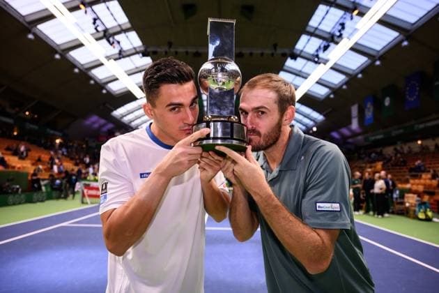 251019 Alexander Erler of Austria and Robert Galloway of USA celebrate with the trophy after winning the men s doubles final on day 9 of the ATP, Tennis Herren 250 Nordic Open on October 19, 2025 in Stockholm. Photo: Jesper Zerman BILDBYRAN kod JZ JZ0631 tennis nordic open nordic open 2025 bbeng final dubbel jubel Copyright: JESPERxZERMAN BB251019JZ024