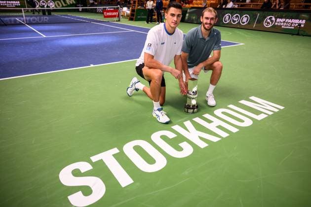 251019 Alexander Erler of Austria and Robert Galloway of USA celebrate with the trophy after winning the men s doubles final on day 9 of the ATP, Tennis Herren 250 Nordic Open on October 19, 2025 in Stockholm. Photo: Jesper Zerman BILDBYRAN kod JZ JZ0631 tennis nordic open nordic open 2025 bbeng final dubbel jubel Copyright: JESPERxZERMAN BB251019JZ026