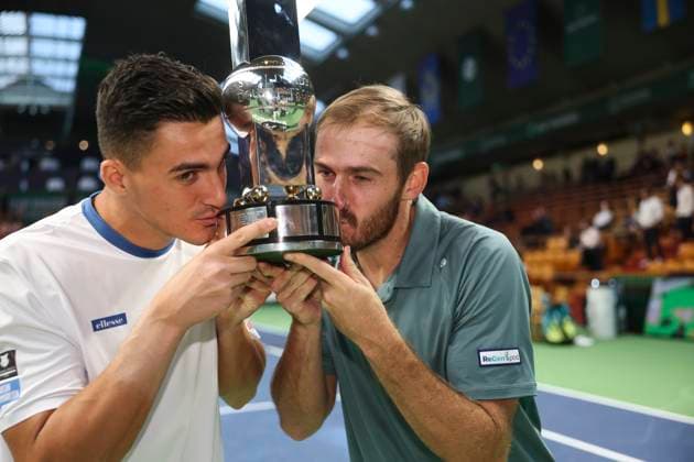 Austria s Alexander Erler and USA s Robert Galloway win the doubles final during the BNP Paribas Nordic Open tennis tournament at the Royal Swedish Tennis Hall in Stockholm, Sweden, Saturday, Oct. 19, 2025. STOCKHOLM SWEDEN x62260x
