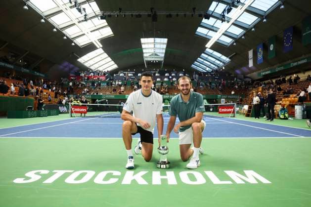 Austria s Alexander Erler and USA s Robert Galloway win the doubles final during the BNP Paribas Nordic Open tennis tournament at the Royal Swedish Tennis Hall in Stockholm, Sweden, Saturday, Oct. 19, 2025. STOCKHOLM SWEDEN x62260x
