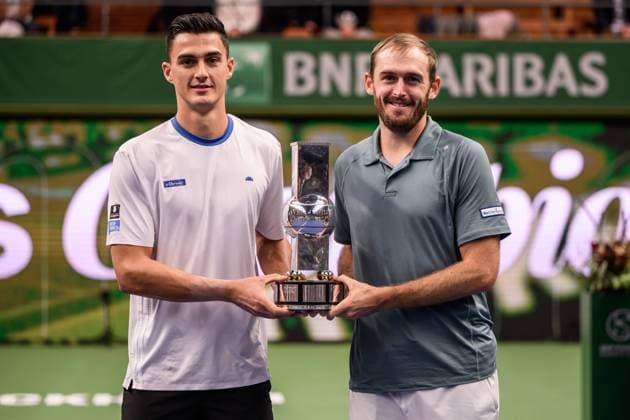 251019 Alexander Erler of Austria and Robert Galloway of USA pose with Sven Davidson Trophy after winning the men s doubles final on day 9 of the ATP, Tennis Herren 250 Nordic Open on October 19, 2025 in Stockholm. Photo: Jesper Zerman BILDBYRAN kod JZ JZ0631 tennis nordic open nordic open 2025 bbeng final dubbel jubel Copyright: JESPERxZERMAN BB251019JZ031