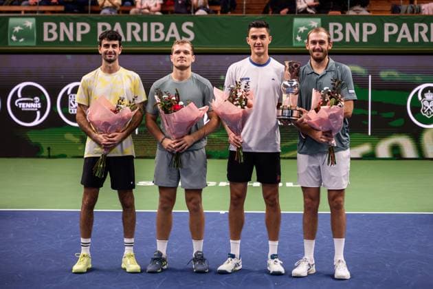 251019 Vasil Kirkov of USA, Bart Stevens of Netherlands, Alexander Erler of Austria and Robert Galloway of USA after the men s doubles final on day 9 of the ATP, Tennis Herren 250 Nordic Open on October 19, 2025 in Stockholm. Photo: Jesper Zerman BILDBYRAN kod JZ JZ0631 tennis nordic open nordic open 2025 bbeng final dubbel Copyright: JESPERxZERMAN BB251019JZ033