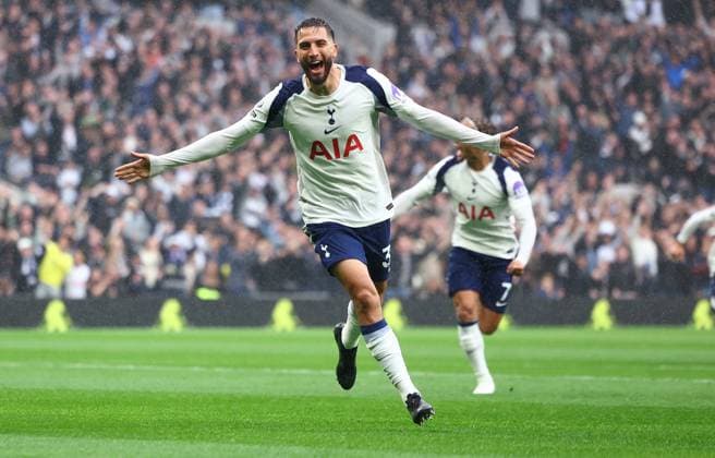 London, England, 19th October 2025. Rodrigo Bentancur of Tottenham Hotspur celebrates after scoring the opening goal during the Tottenham Hotspur vs Aston Villa Premier League match at the Tottenham Hotspur Stadium, London. Picture credit should read: Paul Terry Sportimage EDITORIAL USE ONLY. No use with unauthorised audio, video, data, fixture lists, club league logos or live services. Online in-match use limited to 120 images, no video emulation. No use in betting, games or single club league player publications. SPI_014_PT_Tottenham_Villa SPI-4223-0014