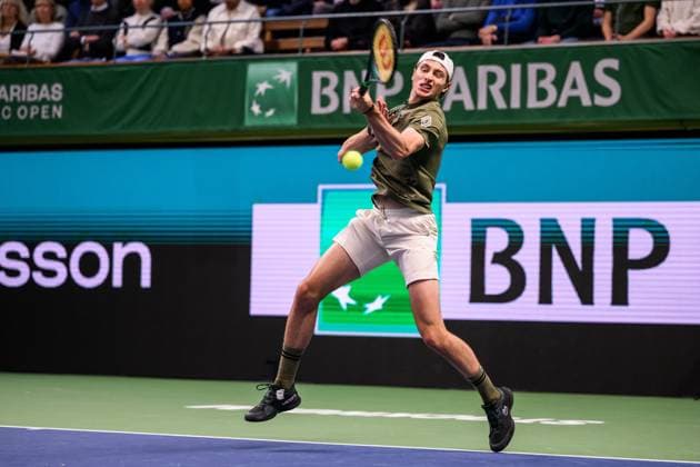 251019 Ugo Humbert of France competes in the men s singles final on day 9 of the ATP, Tennis Herren 250 Nordic Open on October 19, 2025 in Stockholm. Photo: Jesper Zerman BILDBYRAN kod JZ JZ0631 tennis nordic open nordic open 2025 bbeng final singelfrankrike france Copyright: JESPERxZERMAN BB251019JZ041