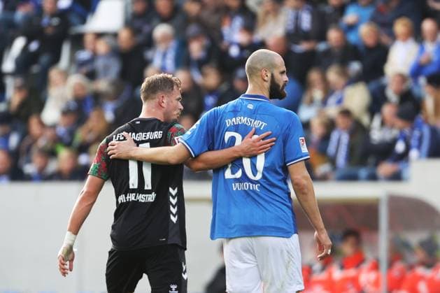 19.10.2025, xtvx, Fussball 2.Bundesliga, SV Darmstadt 98 - 1.FC Magdeburg v.l. Alexander Ahl-Holmstroem (1. FC Magdeburg) Aleksandar Vukotic (SV Darmstadt 98) Portrait (DFL DFB REGULATIONS PROHIBIT ANY USE OF PHOTOGRAPHS as IMAGE SEQUENCES and or QUASI-VIDEO) Darmstadt
